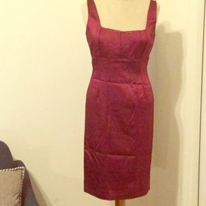 Burgundy satin Calvin Klein cocktail dress.